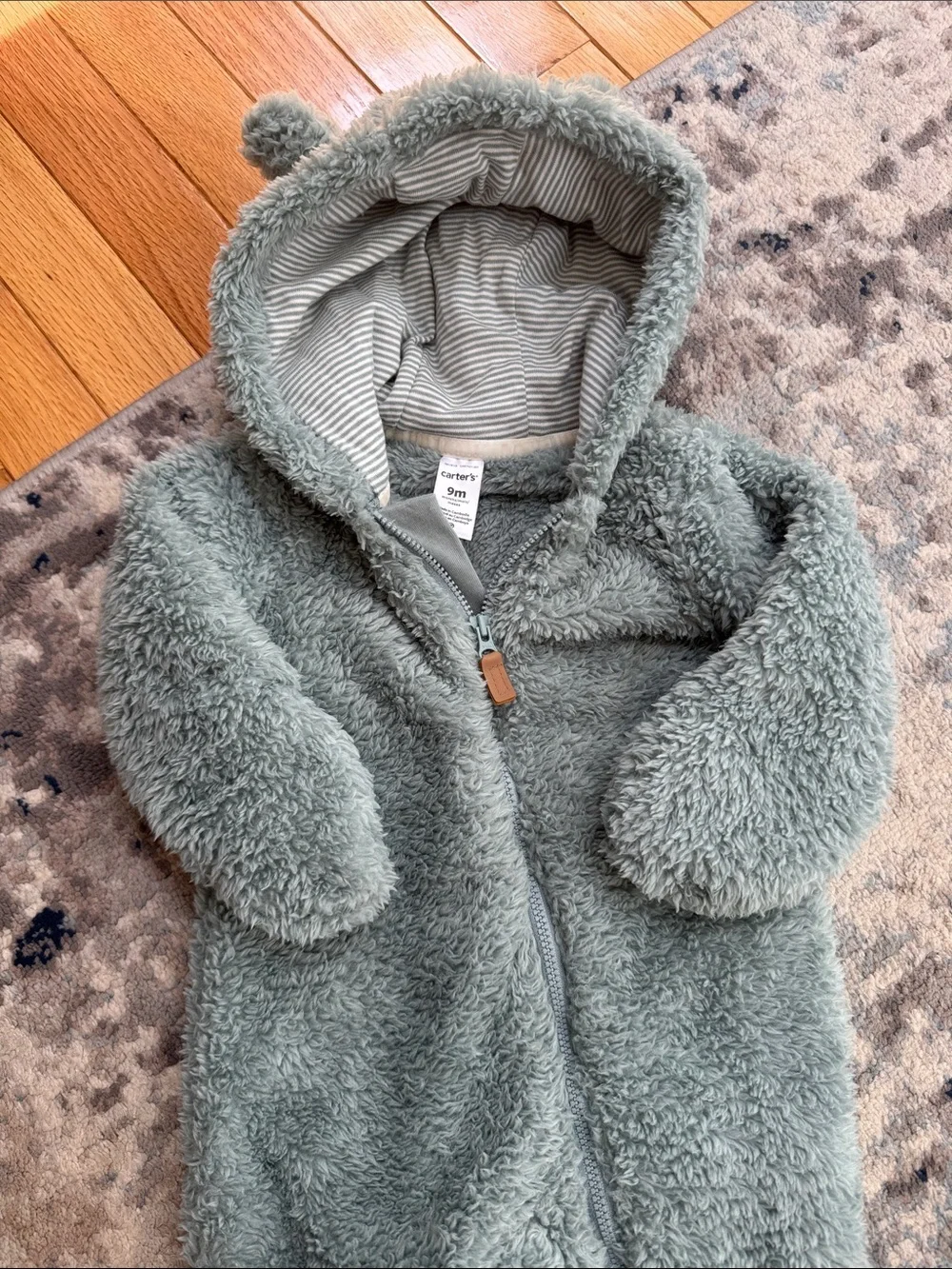 Carter's Plush Fleece Light Teal Hooded Baby One-Piece